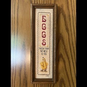 Vintage EGGS cross stitch wall decor, signed “L Frei”